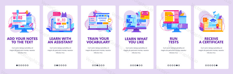 Online education technology. Learn foreign language on computer. Vocabulary, translation, save words. Mobile app screens. Vector template for mobile development. Web site design illustration.