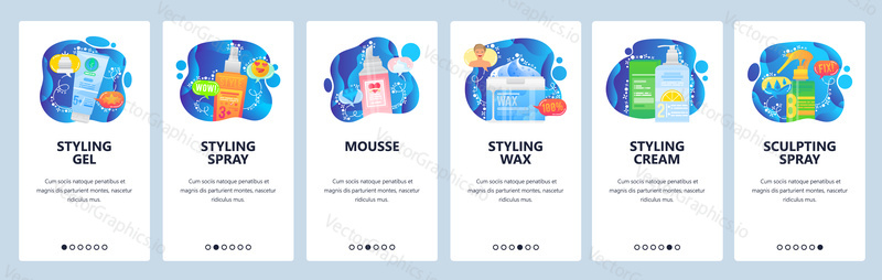 Body care, makeup and cosmetics, styling gel, mousse, wax, cream. Mobile app onboarding screens. Menu vector banner template for website and mobile development. Web site design flat illustration.
