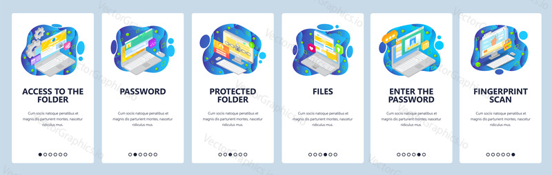 Mobile app onboarding screens. Files secure access, cyber security, account login, password, fingerprint scan. Vector banner template for website and mobile development. Web site design flat illustration