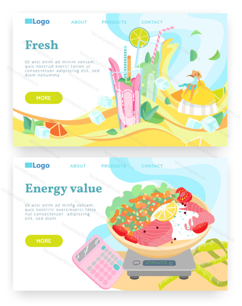 Fresh juice drink. Smoothie, glass of lemonade, soda, fruit juice. Vector web site design template. Landing page website concept illustration.