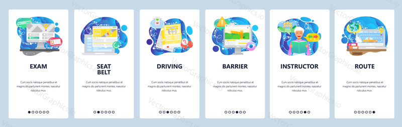 Driving test, studying to get driving license, road rules book. Mobile app onboarding screens. Menu vector banner template for website and mobile development. Web site design flat illustration.