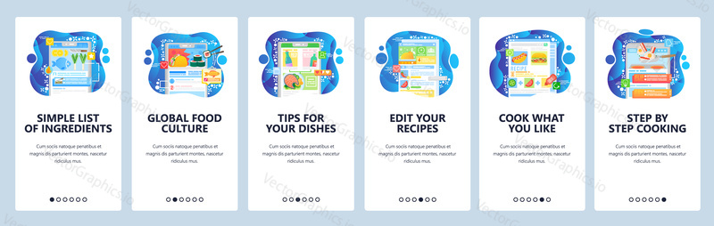 Cooking recipes online, step by step cook guide, world food cuisine, recipe book. Mobile app onboarding screens. Menu vector banner template for website mobile development. Web site illustration.