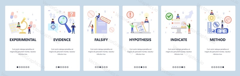 Mobile app onboarding screens. Hardware tools, search evidence, pharma science research. Menu vector banner template for website and mobile development. Web site design flat illustration.