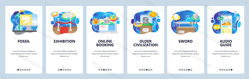 Archeological museum exhibition, ancient history objects. Mobile app onboarding screens. Menu vector banner template for website and mobile development. Web site design flat illustration.