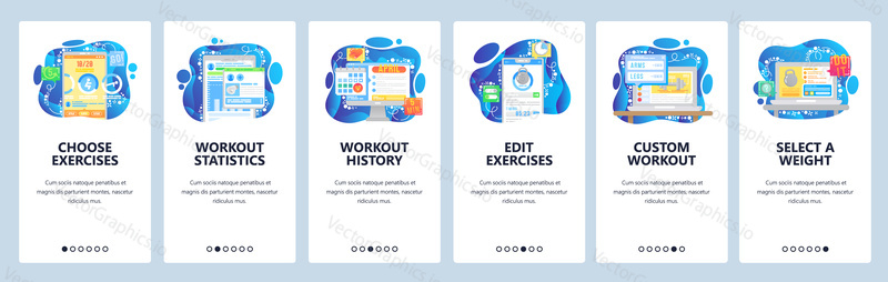 Workout and fitness mobile phone app, exercise plan, statistics and history. Mobile app onboarding screens. Menu vector banner template for website and mobile development. Web site design flat illustration.
