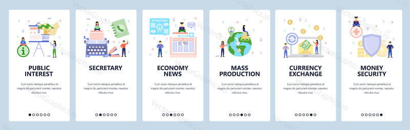 Business and economy icons, financial news and reports. Mobile app onboarding screens. Menu vector banner template for website and mobile development. Web site design flat illustration.