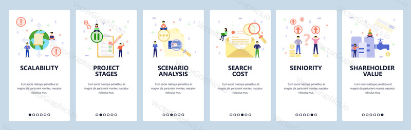 Mobile app onboarding screens. Money investment icons, search email, check list. Menu vector banner template for website and mobile development. Web site design flat illustration.