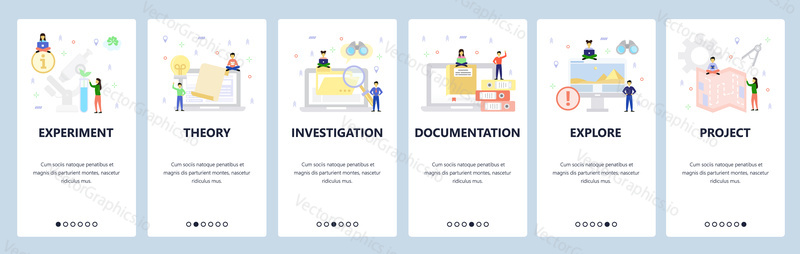 Science research, theory and experiment, documents, project plan. Mobile app onboarding screens. Menu vector banner template for website and mobile development. Web site design flat illustration.