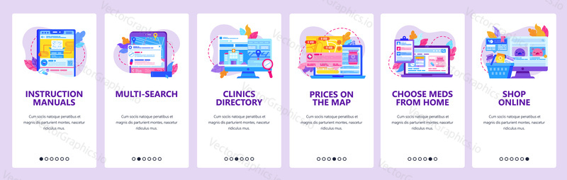 Order drugs in online pharmacy store. Search clinic location on a map. Mobile app onboarding screens. Menu vector banner template for website and mobile development. Web site design illustration.