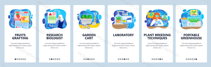 Biology science lab and biotechnology research. Greenhouse, plants breeding lab. Mobile app onboarding screens. Vector banner template for website and mobile development. Web site design illustration.