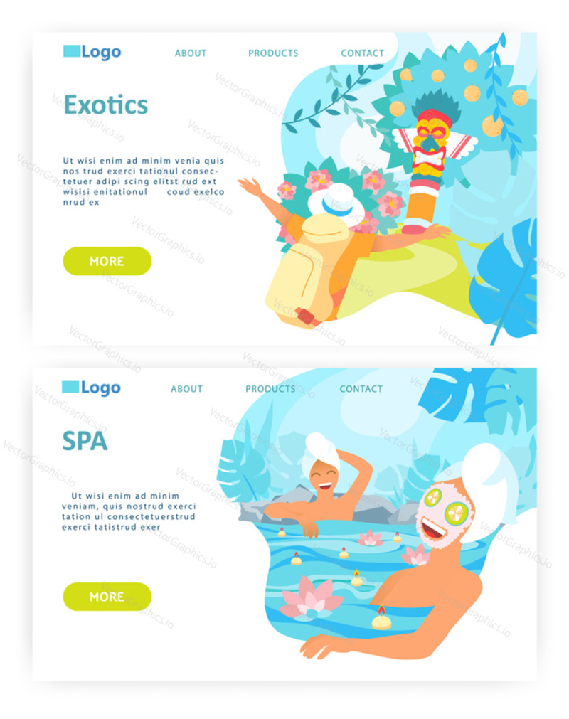 Different kind of holidays, relax in beauty spa and outdoor adventure. Travel concept. Vector web site design template. Landing page website concept illustration.