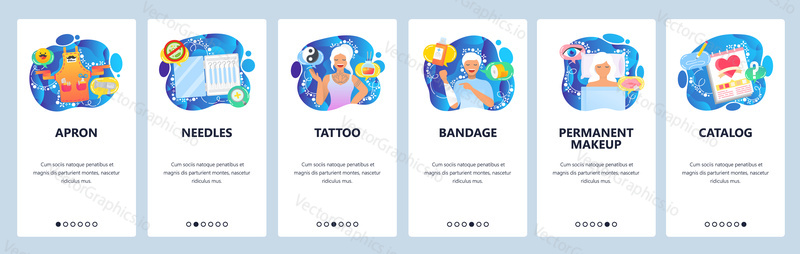 Beauty salon and spa, tattoo and permanent makeup studio, needles. Mobile app onboarding screens. Menu vector banner template for website and mobile development. Web site design flat illustration.