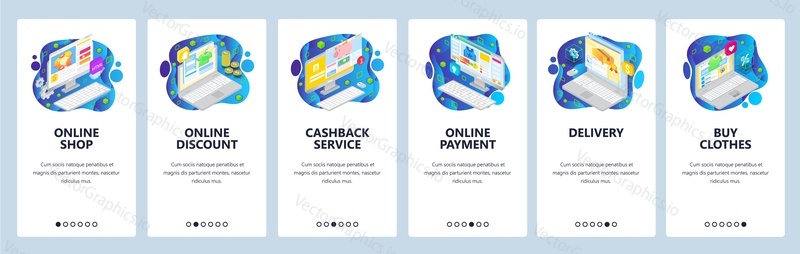 Mobile app onboarding screens. Online shopping isometric icons, cashback service, delivery and payment. Menu vector banner template for website and mobile development. Web site design flat illustration.