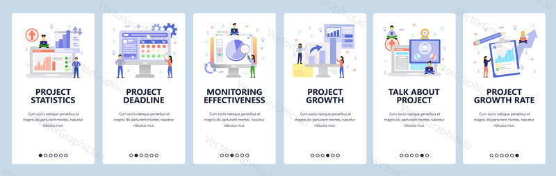 Business isometric icons, project analytics, financial chart, deadline, conference call. Mobile app onboarding screens. Menu vector banner template for website and mobile development. Web site design flat illustration.