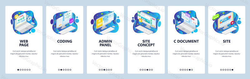 Coding, web development, admin panel, isometric icons. Mobile app onboarding screens. Menu vector banner template for website and mobile. Web site design flat illustration.