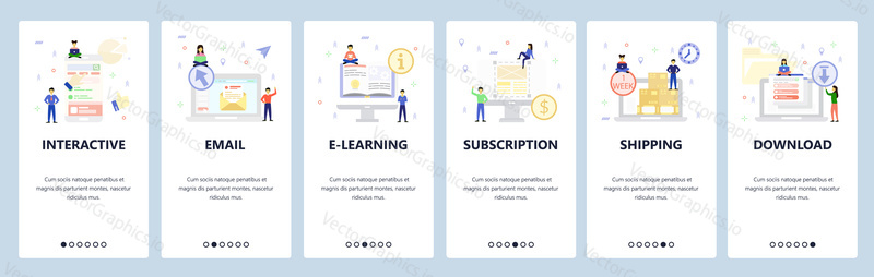 Computer icons, online education, delivery, email. Mobile app onboarding screens. Menu vector banner template for website and mobile development. Web site design flat illustration.