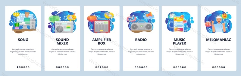 Mobile app onboarding screens. Sound and audio equipment, mixer, amplifier, cassette recorder, music player. Menu vector banner template for website and mobile development. Web site design flat illustration.