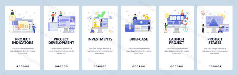 Business management, financial chart, project launch, investments. Mobile app onboarding screens. Menu vector banner template for website and mobile development. Web site design flat illustration.