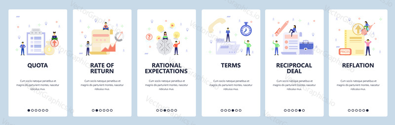 Mobile app onboarding screens. Business charts, brainstorm, office icons, people. Menu vector banner template for website and mobile development. Web site design flat illustration.