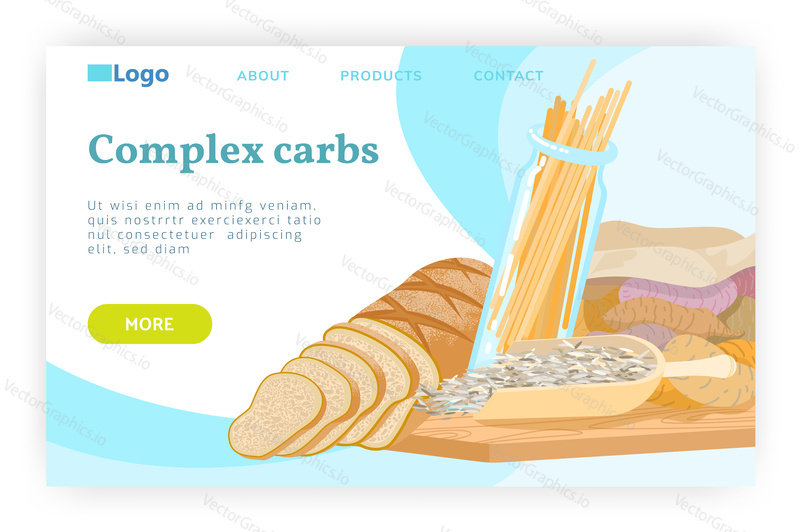 Концепция углеводной пищи. Макароны, пшеничный хлеб, цельное зерно, семена, картофель, углеводная диета. Векторный шаблон дизайна веб-сайта. Иллюстрация концепции веб-сайта целевой страницы.