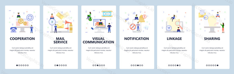 Business services, online chat and communication, phone notification. Mobile app onboarding screens. Menu vector banner template for website and mobile development. Web site design flat illustration.