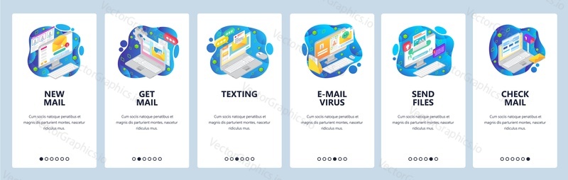 Mobile app onboarding screens. Email business service, virus malware, message. Menu vector banner template for website and mobile development. Web site design flat illustration.