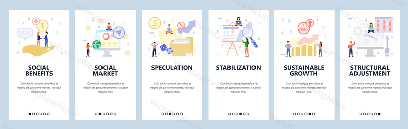 Mobile app onboarding screens. Social benefit and welfare, business charts and presentation, financial growth. Menu vector banner template for website and mobile development. Web site design flat illustration.