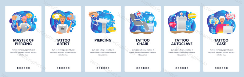 Tattoo salon accessories, piercing tools, tattoo artist, chair, autoclave. Mobile app onboarding screens. Menu vector banner template for website and mobile development. Web site design flat illustration.