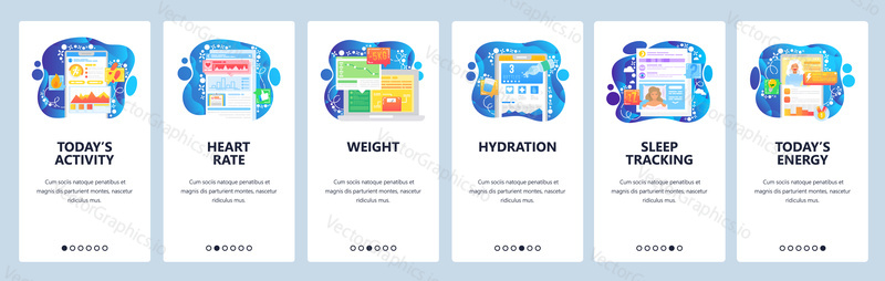 Day activity and fitness tracking mobile app, heart rate, weight loss, hydration. Mobile app onboarding screens. Menu vector banner template for website and mobile development. Web site design flat illustration.