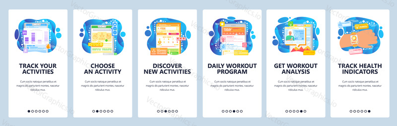 Sport activity tracking mobile app. Healthy lifestyle, fitness exercise, fitness gadget. App onboarding screens. Vector banner template for website mobile development. Web site design illustration