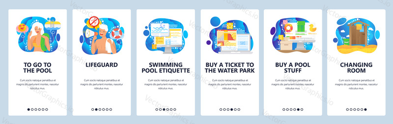 Water park and swimming pool, lifeguard, pool safety rules, changing roo,. Mobile app onboarding screens. Menu vector banner template for website and mobile development. Web site design illustration.