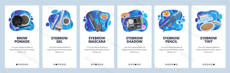 Makeup accessories, beauty salon, eyebrow mascara, pencil, tint, brow pomade. Mobile app onboarding screens. Menu vector banner template for website and mobile development. Web site design flat illustration.