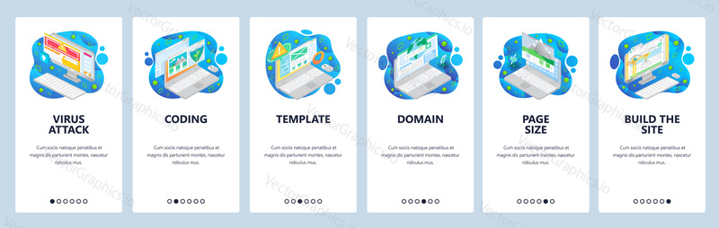 Cyber security, virus attack, coding, domain, isometric icons. Mobile app onboarding screens. Menu vector banner template for website and mobile development. Web site design flat illustration.