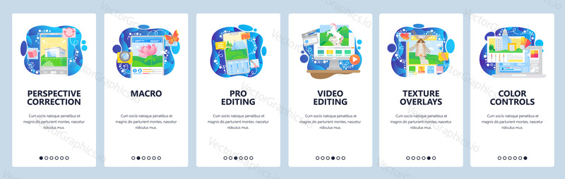 Photo and video editing software, macro photography, color enhancements. Mobile app onboarding screens. Menu vector banner template for website and mobile development. Web site design flat illustration.