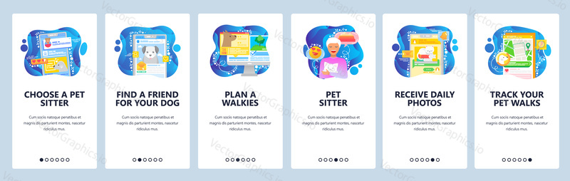 Find pet sitter app. Dog and cats house sitting, walking with animals. Mobile app onboarding screens. Menu vector banner template for website and mobile development. Web site design illustration.