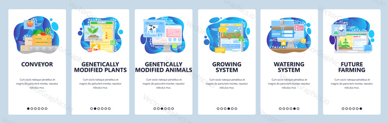 Smart farm. Automatic watering system, remote control by mobile phone, genetically modified plants. App screens. Vector banner template for website mobile development. Web site design illustration