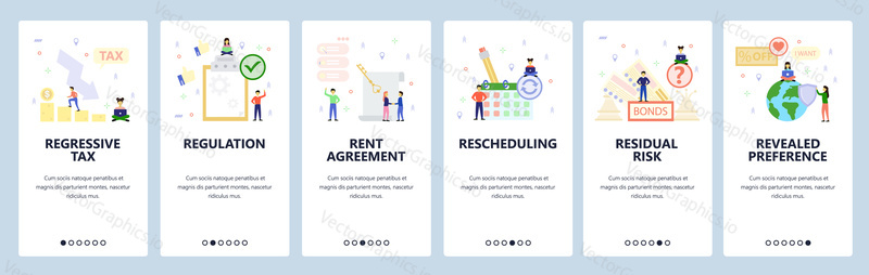 Mobile app onboarding screens. Business icons, finance and money investment, calendar, rent agreement. Menu vector banner template for website and mobile development. Web site design flat illustration.