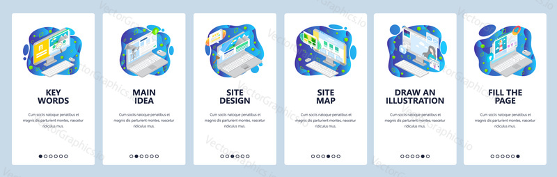 Isometric computer icons. Mobile app onboarding screens. Menu vector banner template for website and mobile development. Web site design flat illustration.