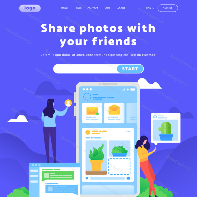 Vector web site design template. Social media and photo sharing application, email notification. Landing page concepts for website mobile development. Modern flat illustration.