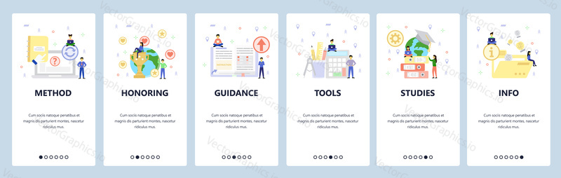 Education icons, office and studying accessories. Mobile app onboarding screens. Menu vector banner template for website and mobile development. Web site design flat illustration.