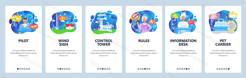 Airport control tower, flight pilot, safety rules, security control. Mobile app onboarding screens. Menu vector banner template for website and mobile development. Web site design flat illustration.