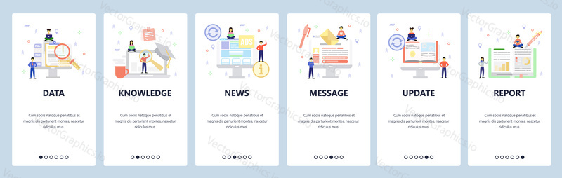 Business icons, data search, online book, news, financial report. Mobile app onboarding screens. Menu vector banner template for website and mobile development. Web site design flat illustration.