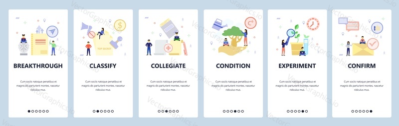 Mobile app onboarding screens. Biology experiment, plant tree, confirmation email, classify documents. Menu vector banner template for website and mobile development. Web site design flat illustration.