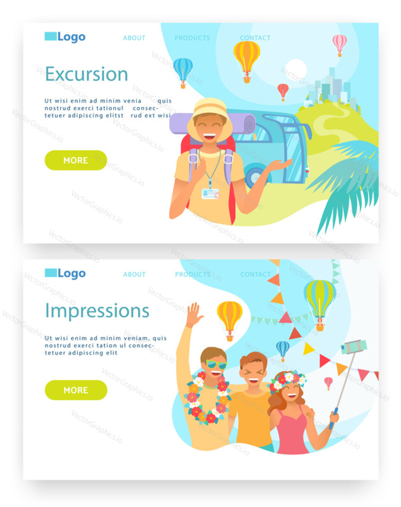 Summer vacation and travel. Happy tourists take selfie. Tour guide. Vector web site design template. Landing page website concept illustration..
