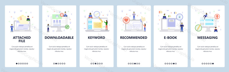 Computer icons, files and data, online profiles, recommendation, chat messages. Mobile app onboarding screens. Menu vector banner template for website and mobile development. Web site design flat illustration.