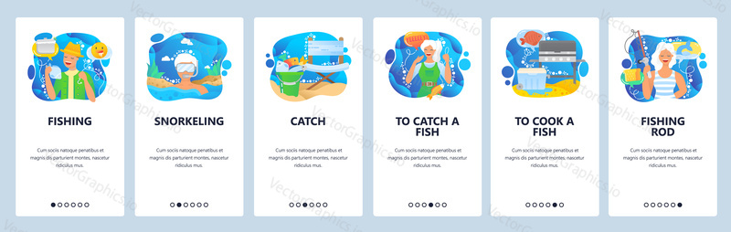Fishing activity, sea vacation, female fisherman, snorkeling, fishing rod. Mobile app onboarding screens. Menu vector banner template for website and mobile development. Web site design illustration.