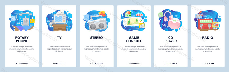 Home electronics and appliances. Phone, stereo, TV set, game console, radio. Mobile app onboarding screens. Vector banner template for website and mobile development. Web site design illustration
