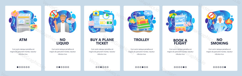 Airport terminal icons, book flight online, trolley, no smoking sign. Mobile app onboarding screens. Menu vector banner template for website and mobile development. Web site design flat illustration.
