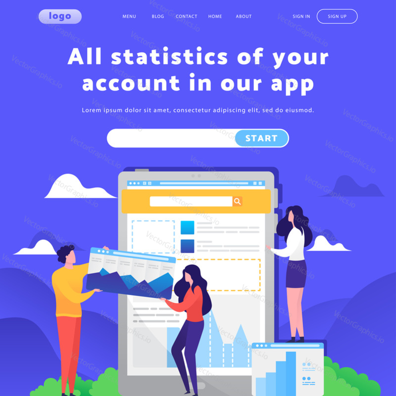 Vector web site design template. Dashboard widgets, report metrics and analytics. Landing page concepts for website mobile development. Modern flat illustration.
