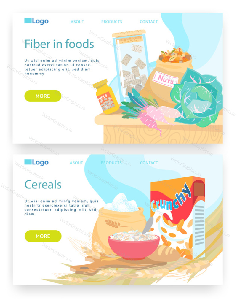Healthy breakfast meal, bowl with cereals. Vegetables and nuts, fiber in food. Vector web site design template. Landing page website concept illustration..